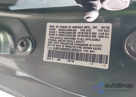 2005 Honda Element Lx z USA, uszkodzony, nr VIN 5J6YH283X5L020343